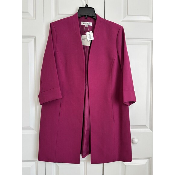 KASPER WOMENS OPEN FRONT JACKET-BLAZER CERISE 3/4 SLEEVE POCKETS PLUS SIZE 14 - Picture 2 of 7